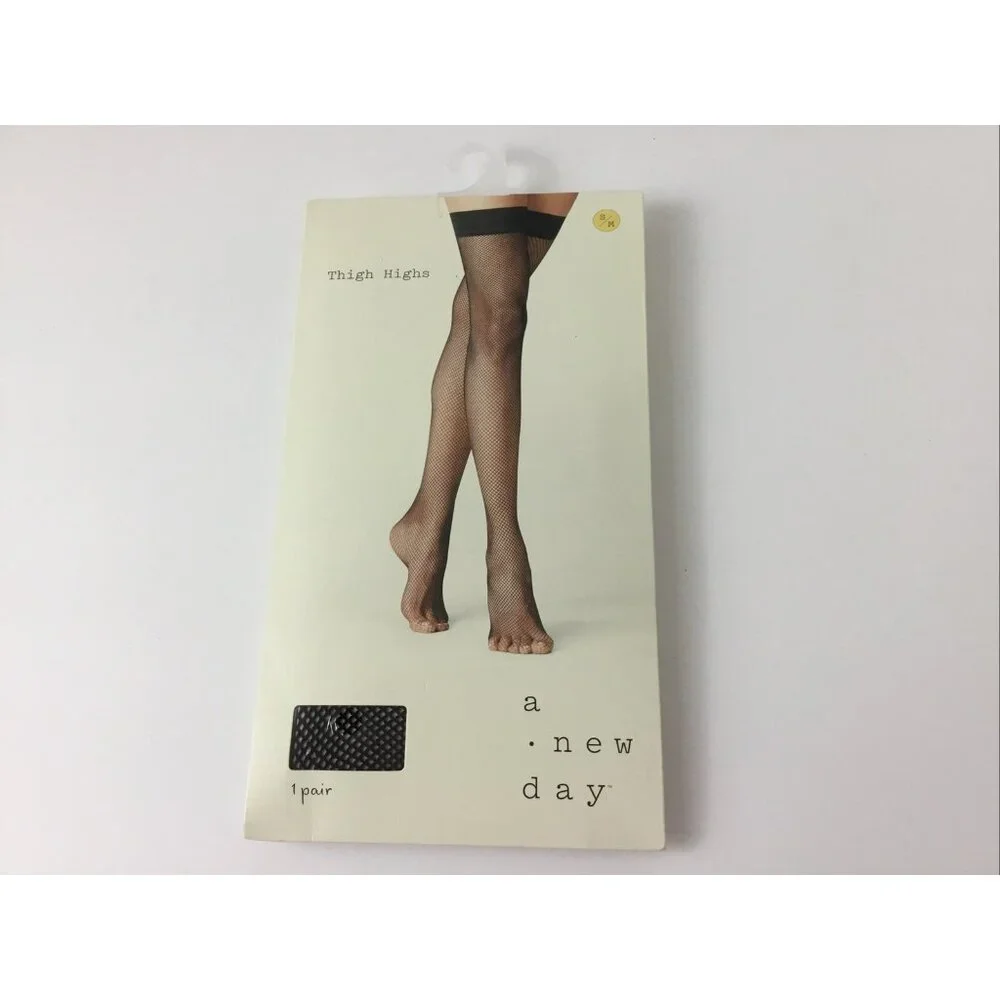 A New Day Black Fish Net Thigh High Pantyhose Size S/M New